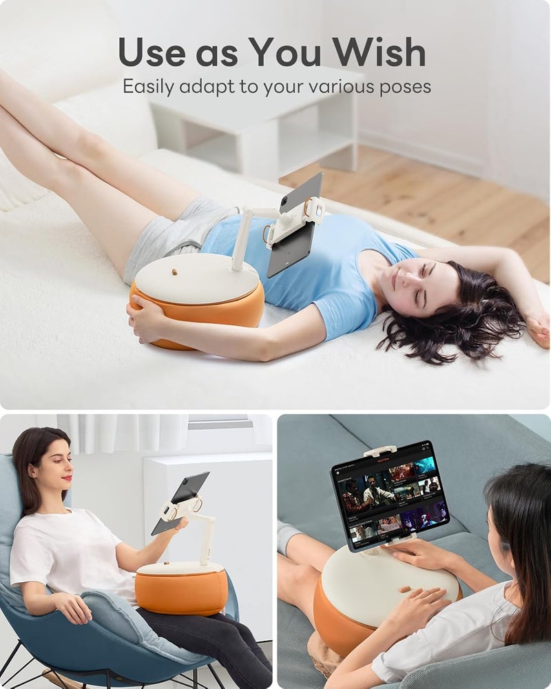 SAIJI Tablet Holder Pillow, Kindle Holder Compatible with 4.7-15.6” Kindle, Phone, Portable Monitor, 360° Adjustable Tablet Stand for Bed with Flexible Dual Axis Arm&Microbead Cushion (Orange) - Image 3